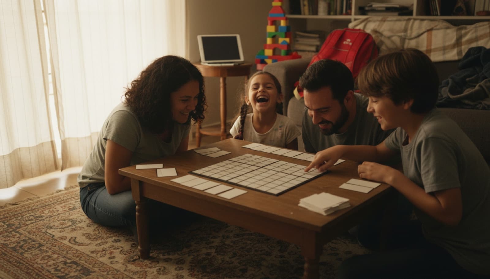 Familia con dos hijos jugando un juego de mesa en el piso de la sala un sábado por la tarde, todos concentrados en el tablero