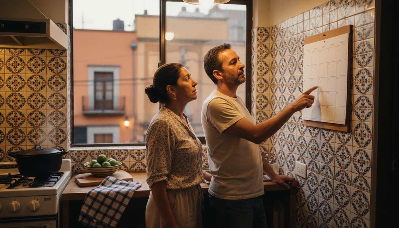 Pareja de pie en la cocina de su departamento mirando un calendario de pared en blanco, uno de los dos señalando una fecha