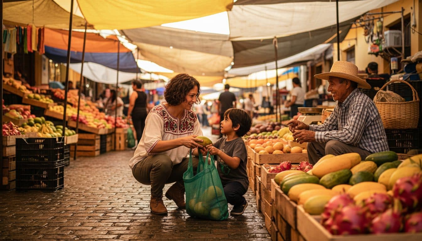 Madre en cuclillas junto a su hijo de unos siete años en un mercado de barrio, él sosteniendo la bolsa mientras ella le pasa una fruta