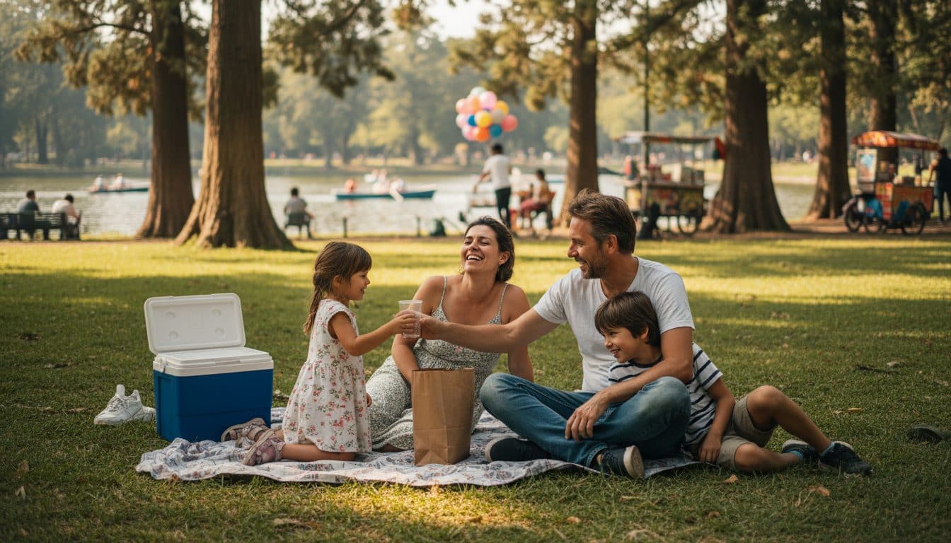 Familia de cuatro sobre una manta de picnic en un parque de la Ciudad de México un domingo por la mañana