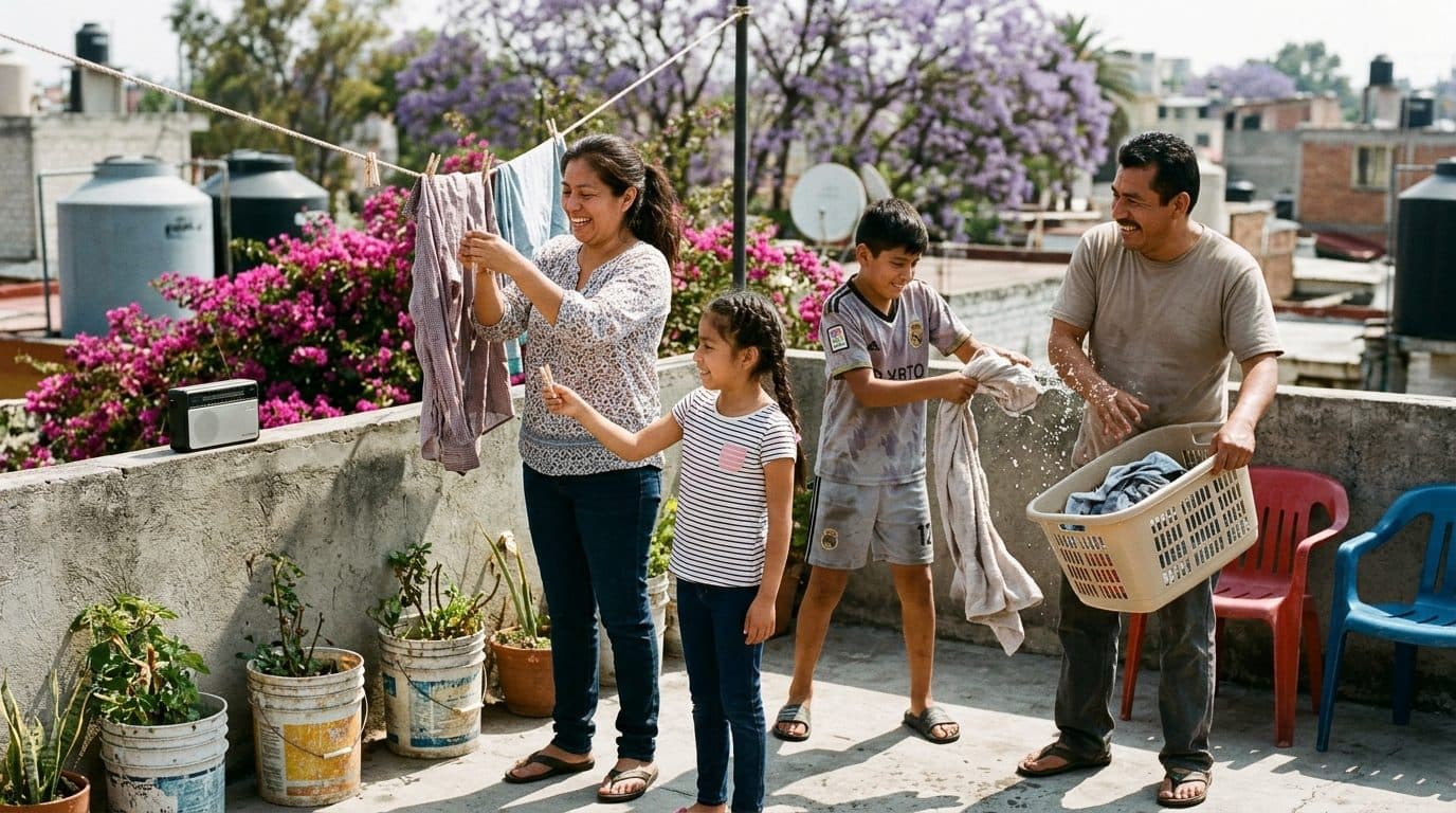 Familia mexicana tendiendo ropa en la azotea de su casa mientras los niños juegan con agua y el papá se ríe con la canasta