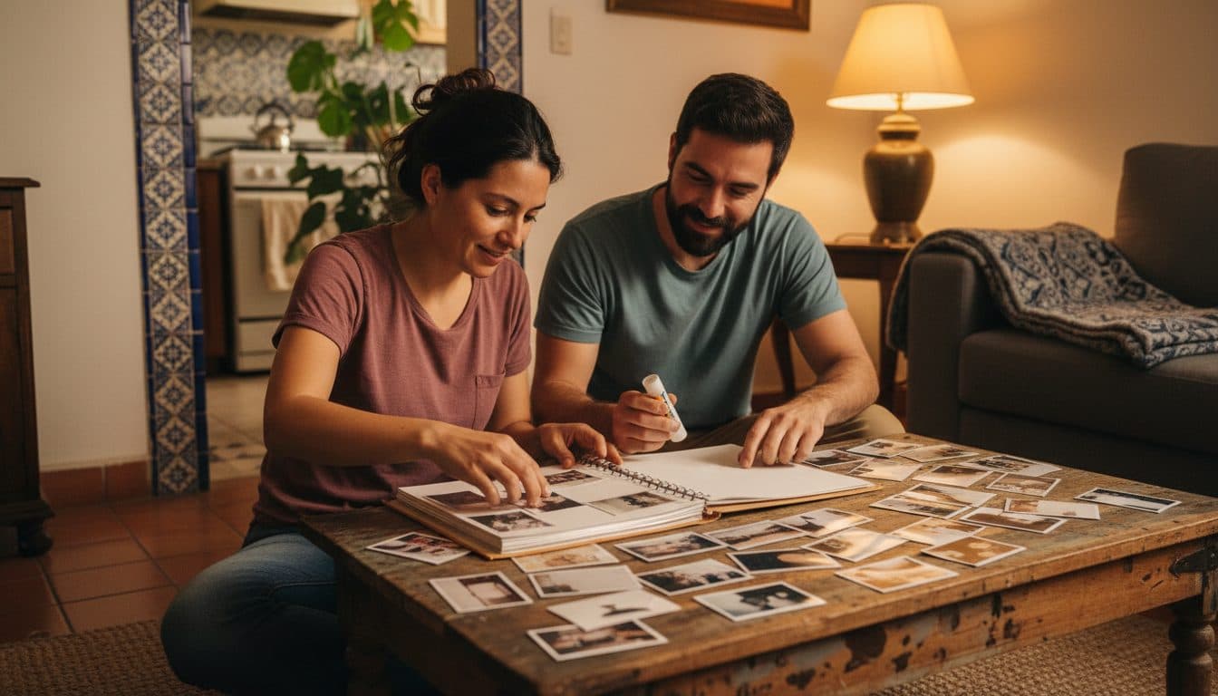 Pareja sentada en el piso de su departamento pegando fotos impresas en un álbum abierto, rodeada de fotografías esparcidas sobre la mesa
