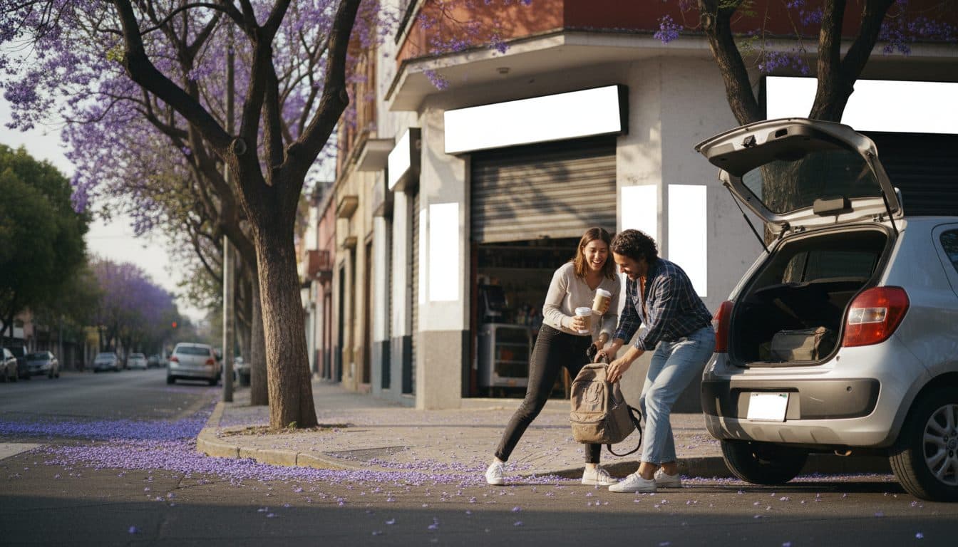 Pareja cargando una mochila en la cajuela de un coche compacto en una calle con jacarandas, temprano por la mañana, uno de los dos sosteniendo dos cafés