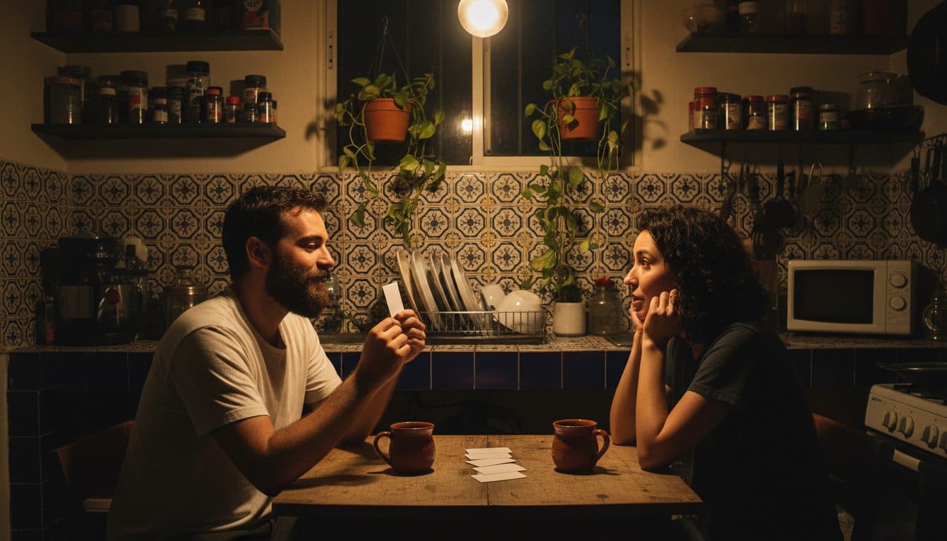 Pareja sentada frente a frente en la mesa de la cocina de un departamento en la Ciudad de México, él leyendo en voz alta una carta y ella escuchando con atención, con un mazo repartido sobre la mesa