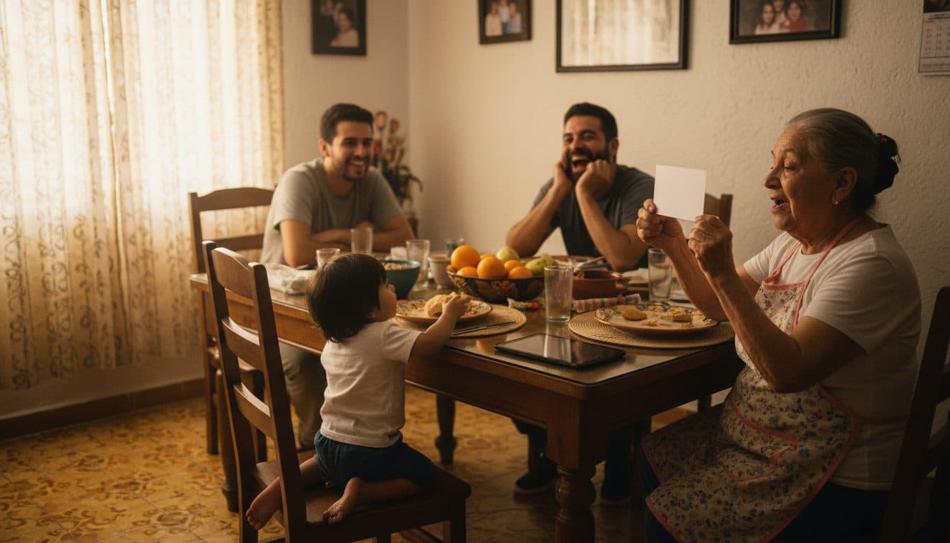 Familia de tres generaciones sentada alrededor de la mesa después de la comida del domingo, la abuela leyendo una carta en voz alta mientras un adolescente y un tío escuchan y se ríen