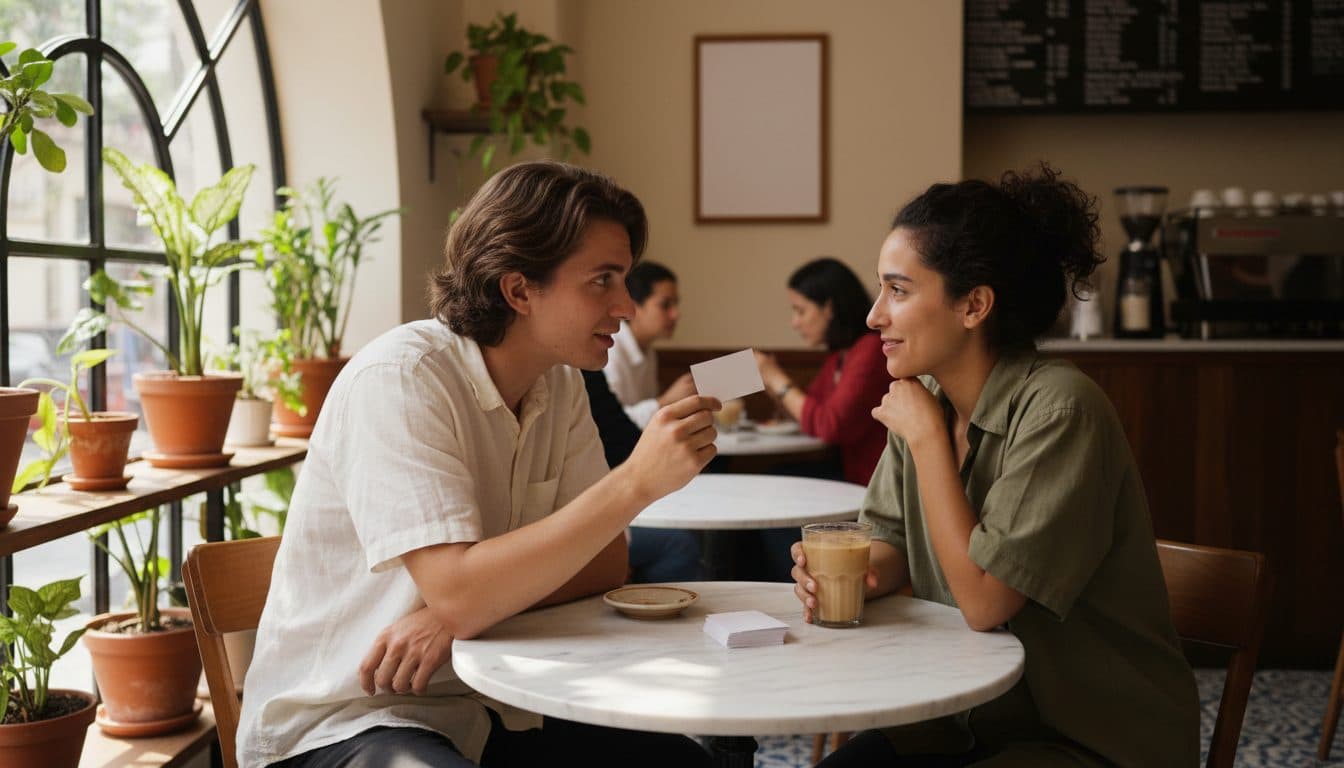 Dos personas en una primera cita en un café de Ciudad de México, una sostiene una tarjeta en blanco mientras hace una pregunta y la otra escucha con las manos alrededor de un vaso de café