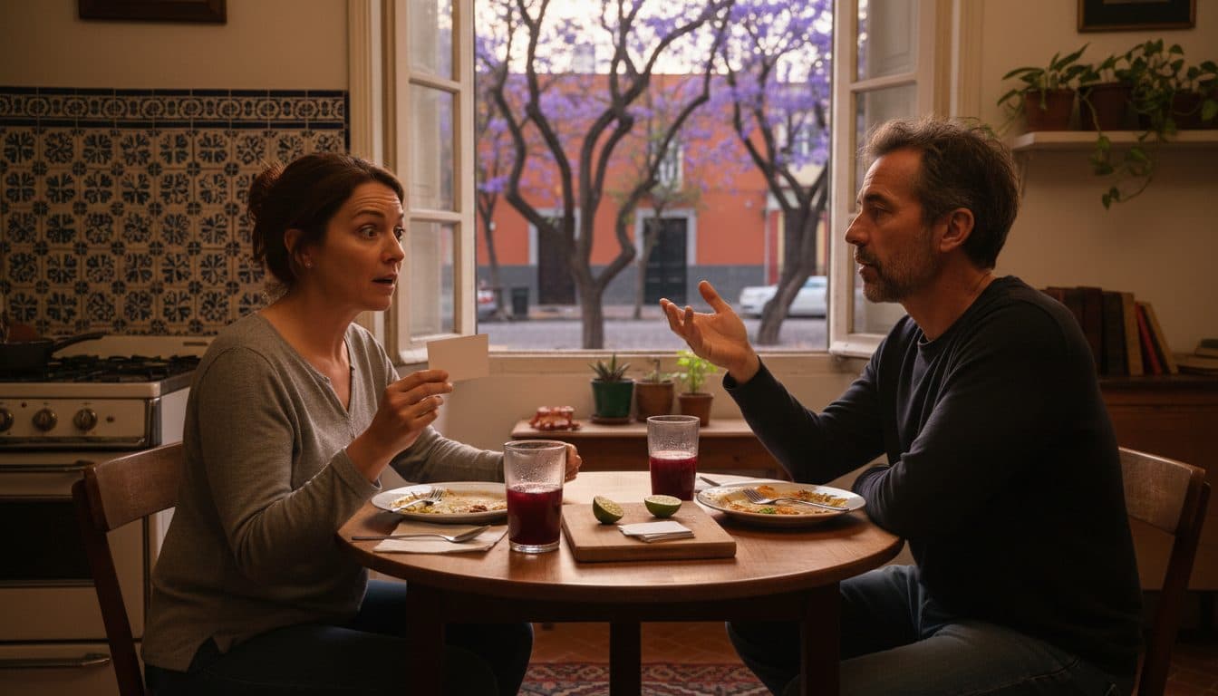 Pareja de años sentada frente a frente en la mesa de un comedor en la Ciudad de México, uno leyendo una carta en voz alta y el otro respondiendo mientras recuerda algo