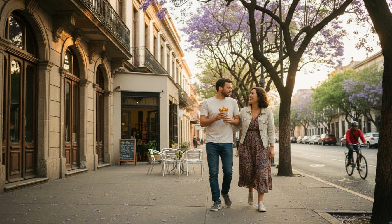 Pareja caminando por una banqueta arbolada de la colonia Roma en Ciudad de México al atardecer, compartiendo un cono de comida y riendo