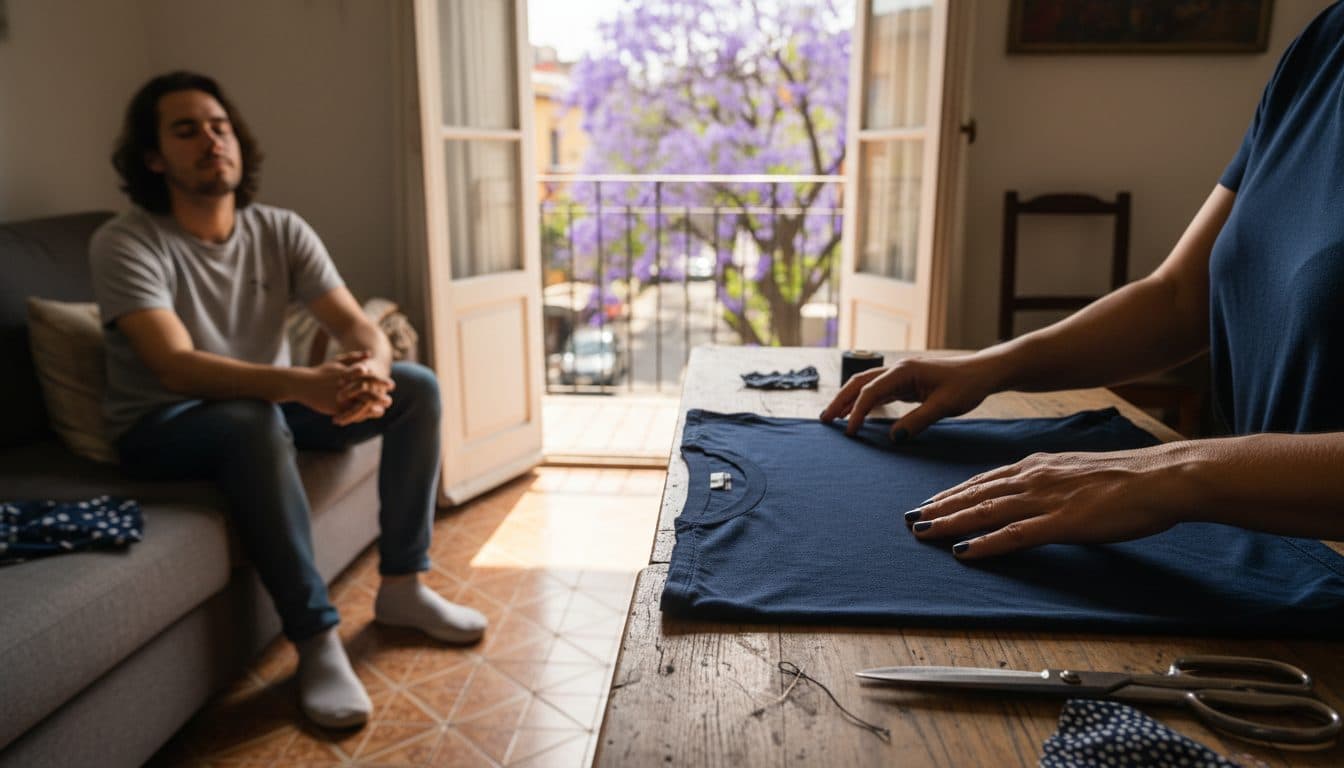 Manos doblando una playera de algodón oscuro en una tira ancha sobre una mesa de madera, con tijeras y un carrete de elástico al lado