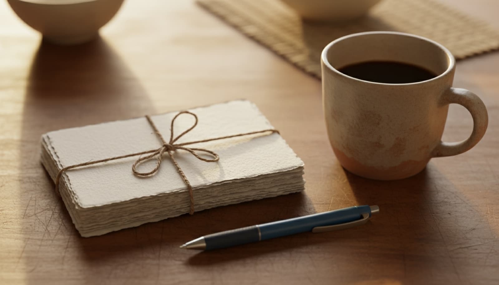 Manos escribiendo un vale de regalo hecho a mano sobre la mesa de la cocina, con una taza de café al lado y luz de mañana entrando por la ventana