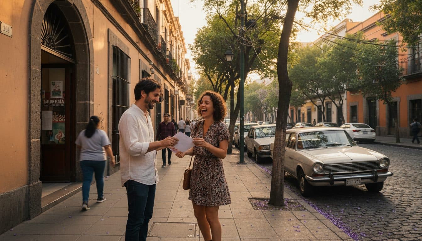 Pareja en una calle arbolada de la Ciudad de México al atardecer; él le entrega un sobre y ella lo abre con una sonrisa de expectativa