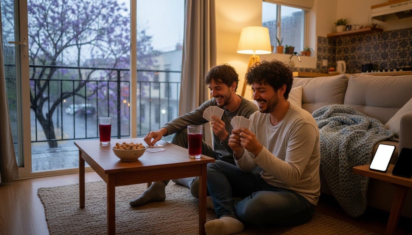 Pareja sentada en el piso de la sala jugando cartas mientras llueve fuerte afuera, con los celulares guardados y una lámpara encendida