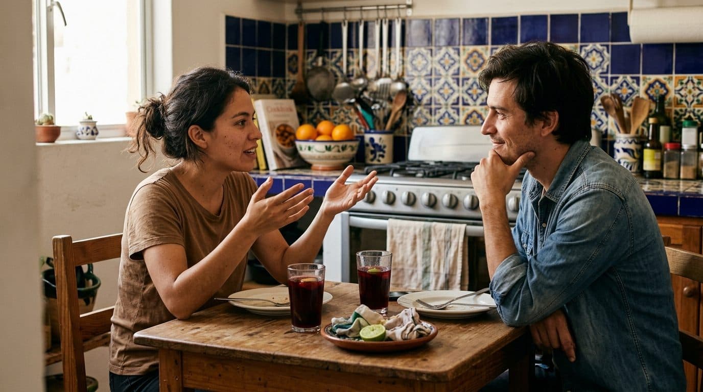 Pareja joven conversando en la sobremesa de la comida, sentados frente a frente en la mesa de la cocina con los platos ya vacíos