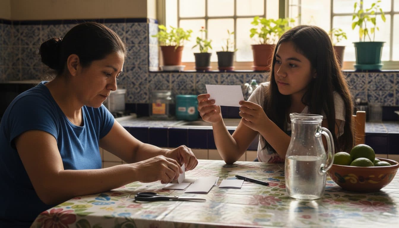 Mujer sentada a la mesa de una cocina mexicana ordenando una pila de vales de papel cortados a mano, con su hija adolescente mirando uno de ellos a contraluz