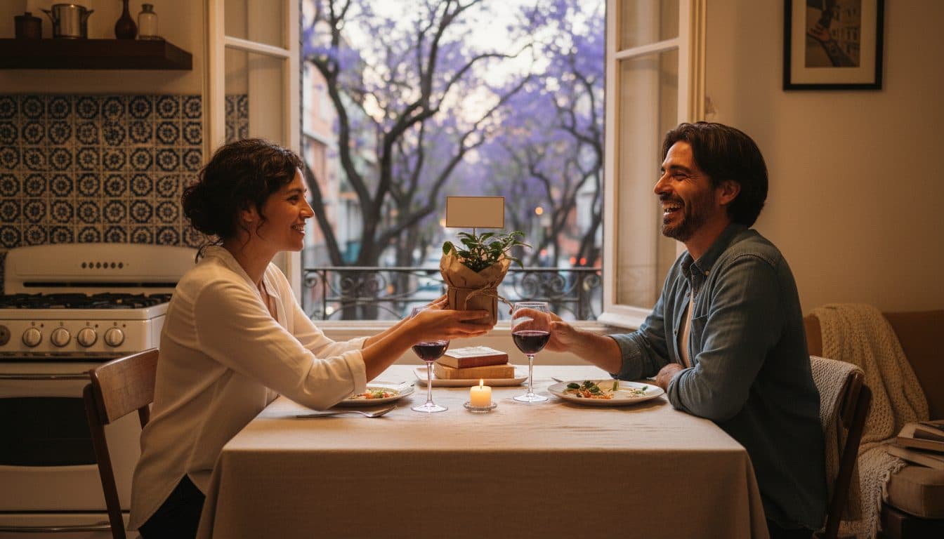 Pareja mexicana en su comedor entregándose un regalo pequeño y no convencional en la noche de su aniversario