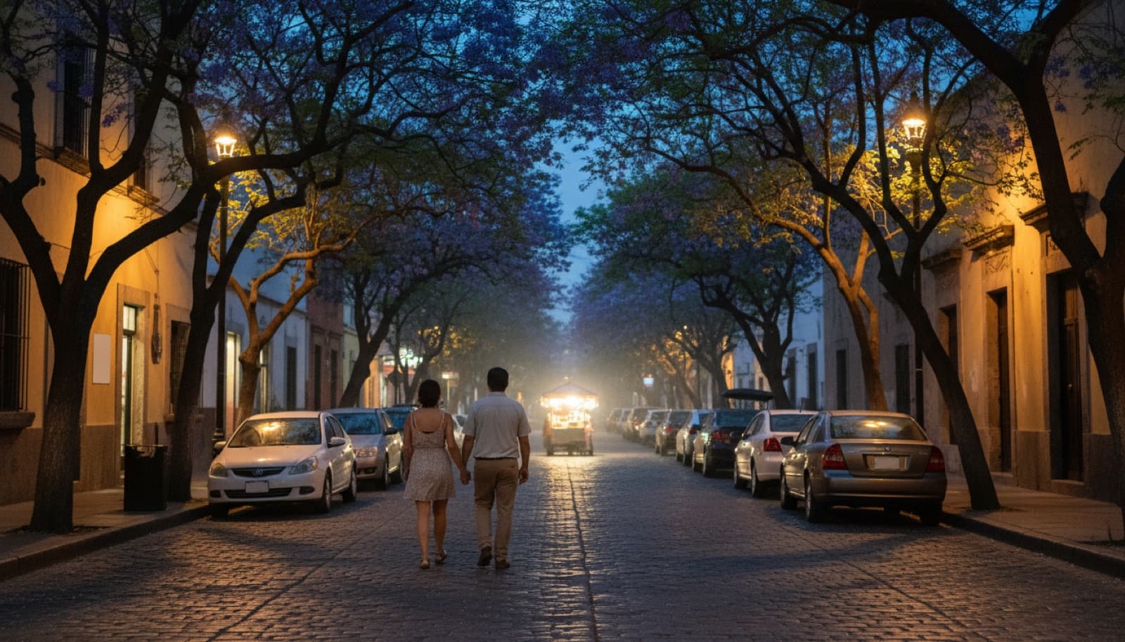 Pareja caminando de la mano por una calle empedrada al atardecer, con las luces de los locales empezando a encenderse