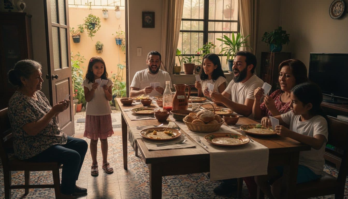 Familia de tres generaciones alrededor de la mesa después de la comida del domingo, jugando con una baraja de cartas mientras uno de los niños levanta una carta