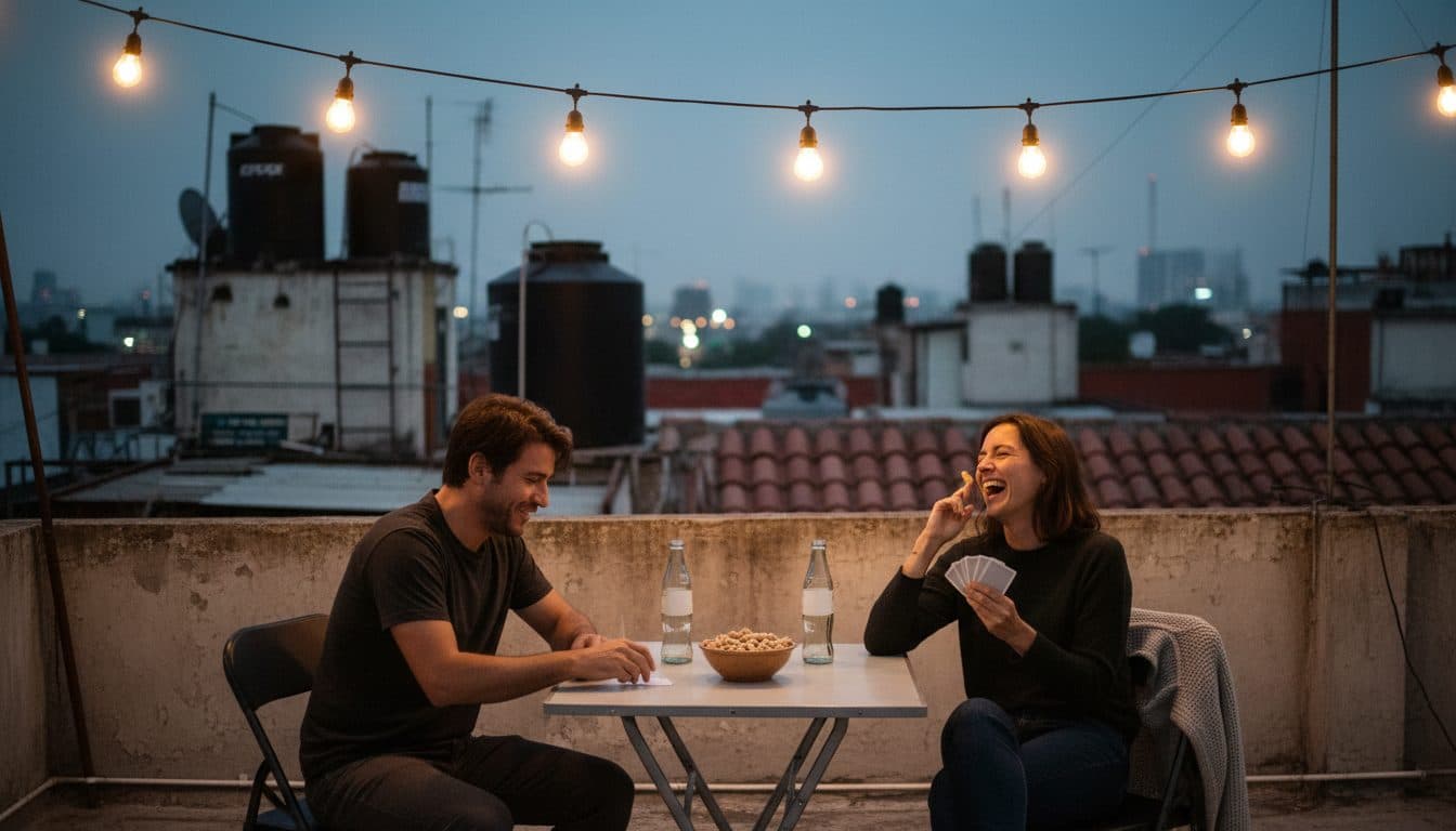 Pareja jugando cartas al anochecer en la azotea, uno bajando una carta sobre la mesa plegable y el otro echándose hacia atrás para reírse