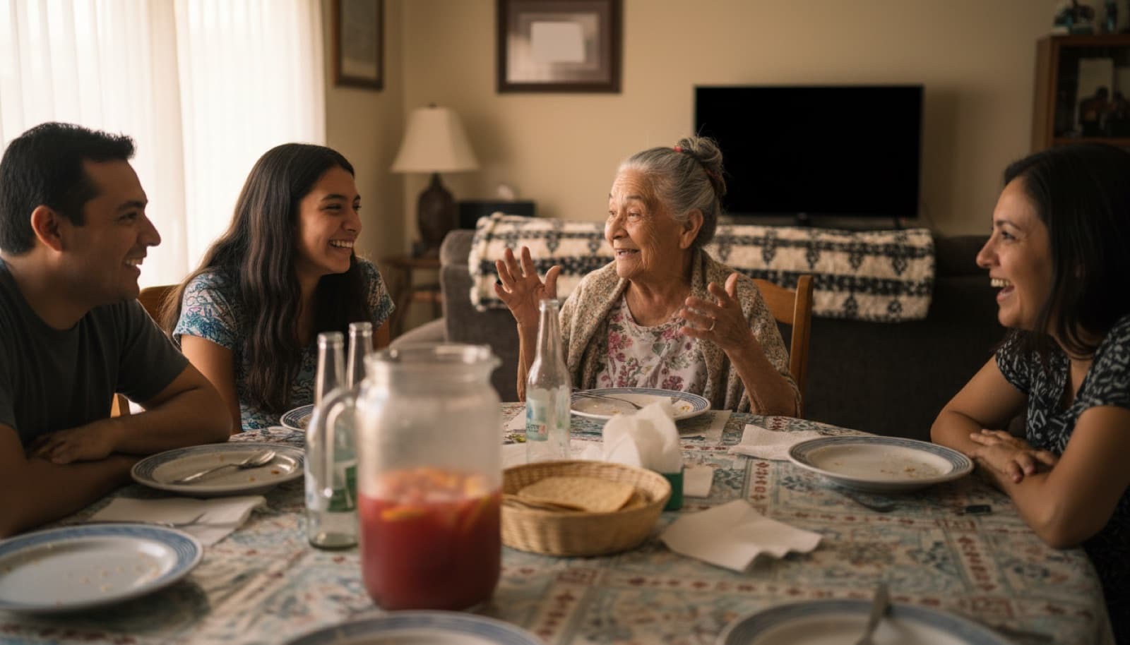 Tres generaciones de una familia alrededor de la mesa después de comer, una abuela contando algo y los demás escuchando con atención
