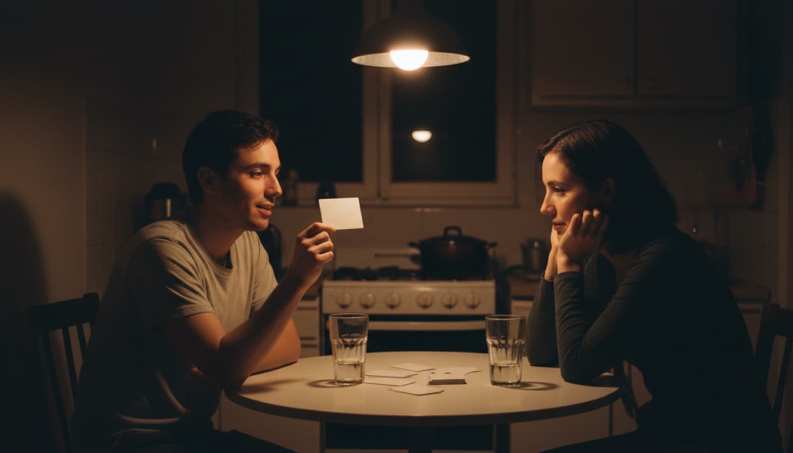 Pareja frente a frente en la mesa de la cocina de noche, una carta de preguntas sostenida en alto y la otra persona escuchando con atención