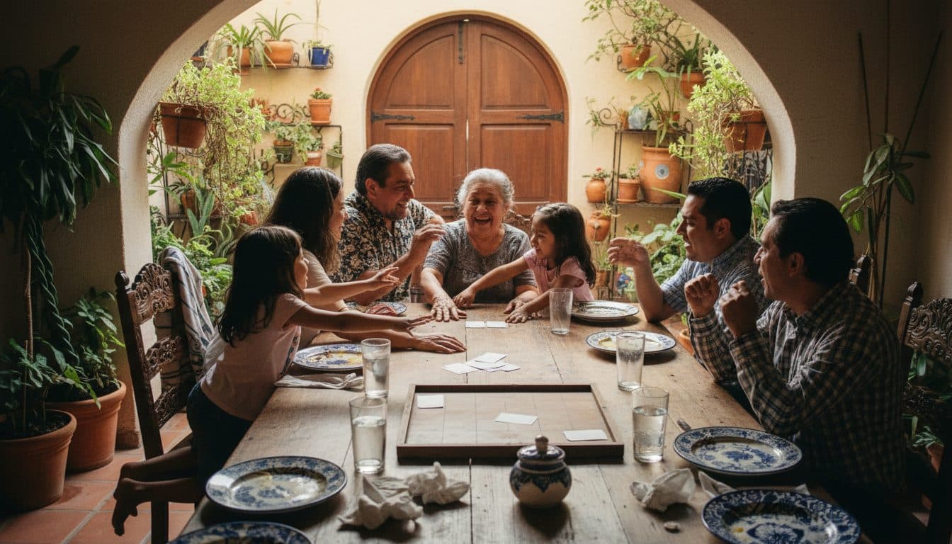 Ocho personas de tres generaciones alrededor de una mesa larga en una casa mexicana, jugando en plena sobremesa del domingo después de la comida