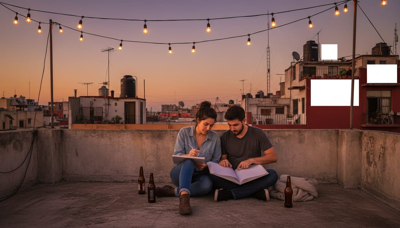 Pareja sentada en la azotea de un edificio en la Ciudad de México al atardecer, con un libro de páginas en blanco abierto sobre las piernas y una pluma en la mano