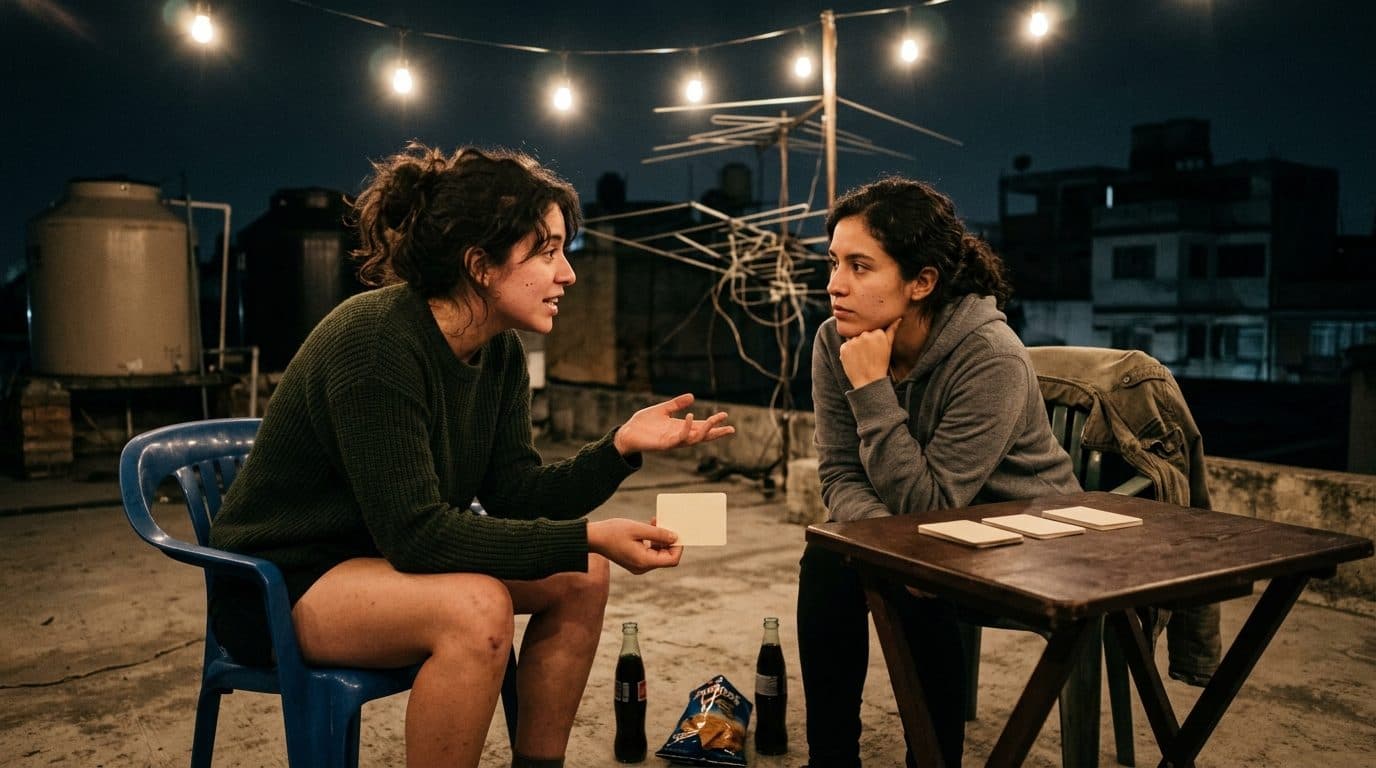Dos amigos conversando de noche en una azotea de la Ciudad de México, uno hablando con las manos y el otro escuchando sin moverse, con una carta olvidada en la mano