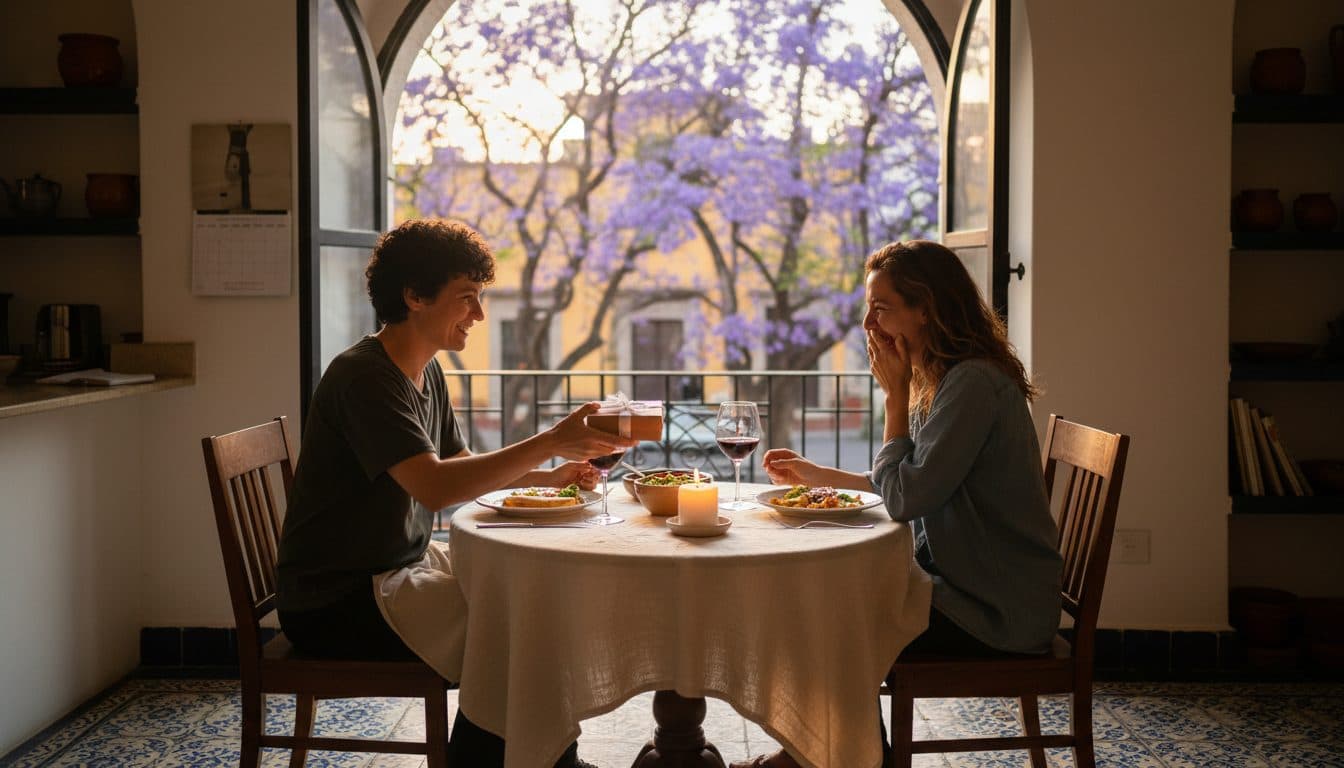 Pareja cenando en su comedor, uno deslizando una caja pequeña envuelta sobre la mesa y el otro riéndose con la mano en la boca