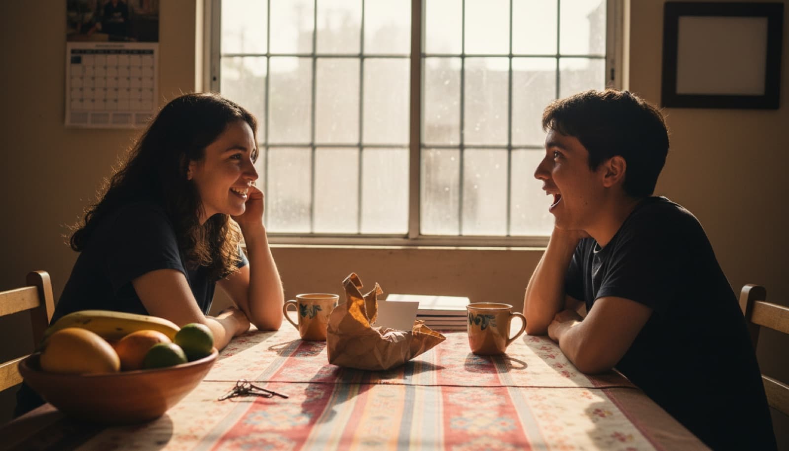 Pareja abriendo un regalo en la mesa del comedor de su casa, con la sorpresa apareciendo en la cara de quien lo recibe