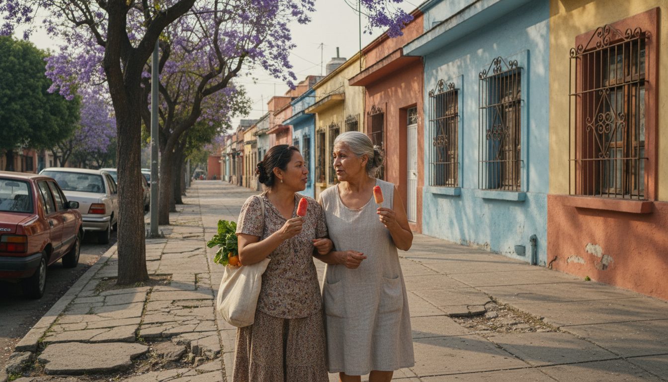 Una mujer joven camina del brazo con su mamá por una calle arbolada, las dos comiendo paletas y conversando