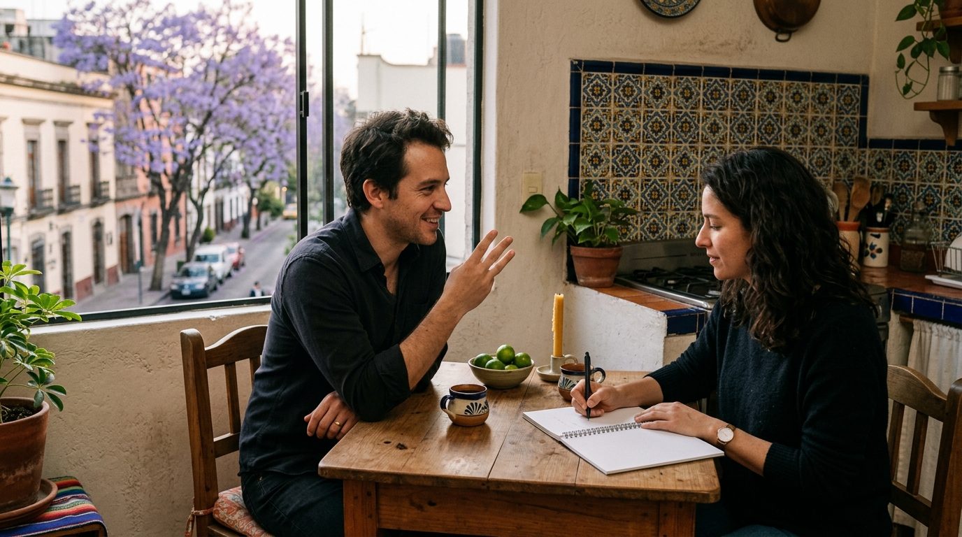 Pareja de treinta y tantos sentada a la mesa de la cocina en un departamento de la Ciudad de México, uno escribiendo en un cuaderno y el otro sugiriendo una idea con las manos, ventana al fondo con jacarandas