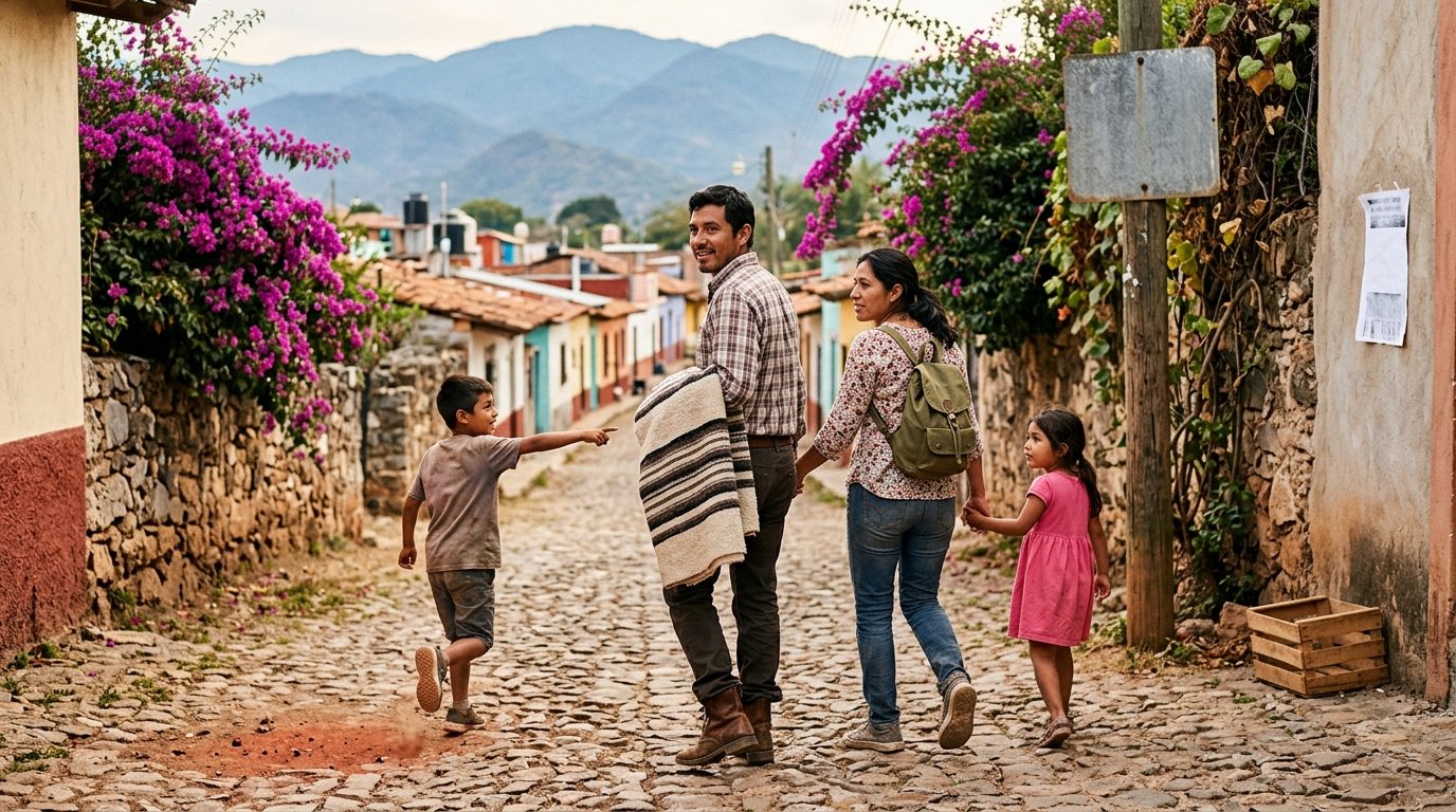 Familia con dos niños caminando por un sendero de piedra a la entrada de un pueblo, cargando mochilas y una cobija bajo el brazo