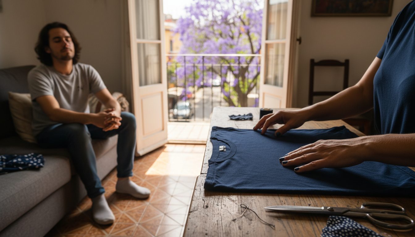 Manos doblando una playera de algodón oscuro en una tira ancha sobre una mesa de madera, con tijeras y un carrete de elástico al lado