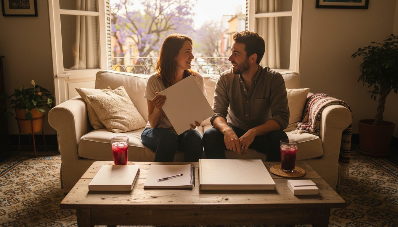 Pareja en la mesa de un comedor en la Ciudad de México, uno deslizando hacia el otro un regalo envuelto en papel simple con una nota doblada bajo el cordel