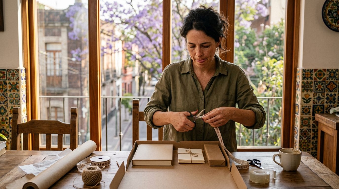 Mujer armando un pack de regalo para pareja sobre la mesa del comedor, cortando cinta junto a una caja con tres productos envueltos