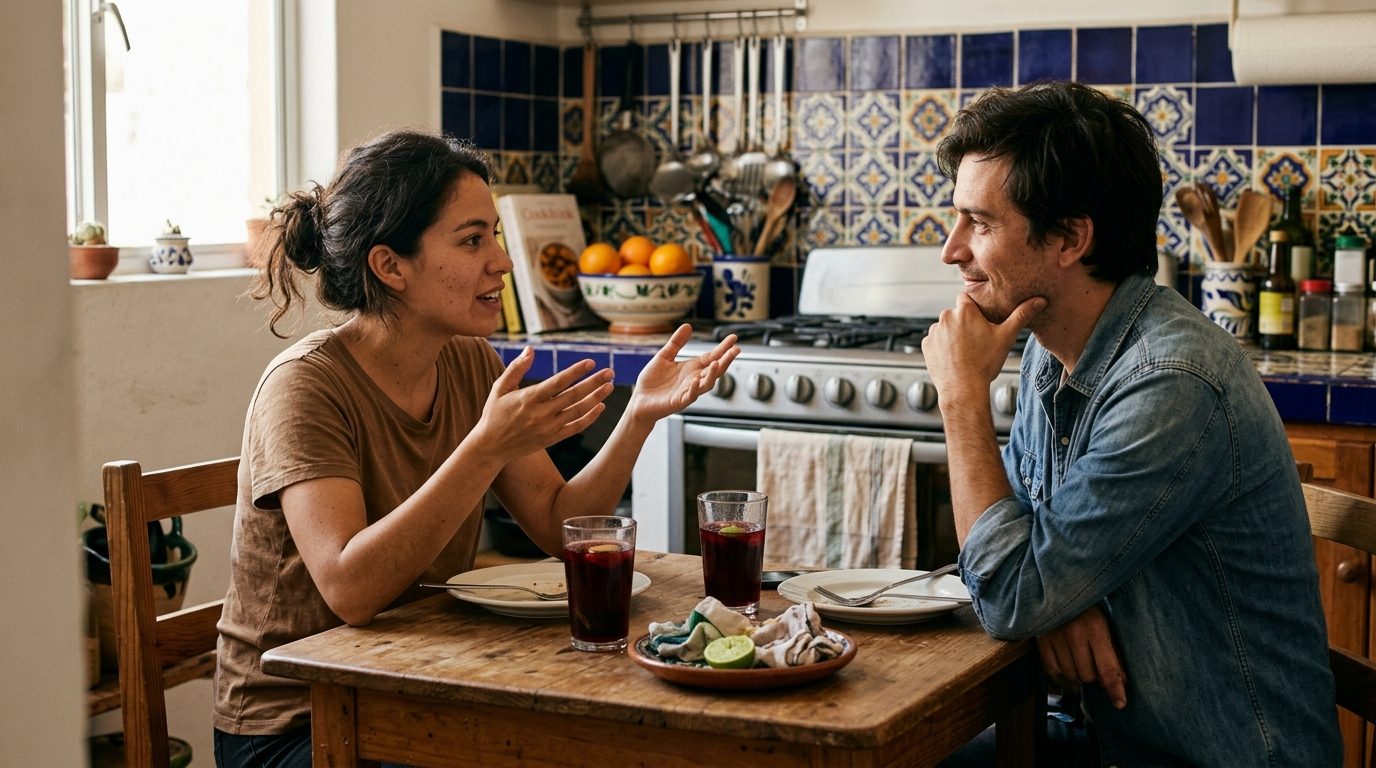 Pareja joven conversando en la sobremesa de la comida, sentados frente a frente en la mesa de la cocina con los platos ya vacíos