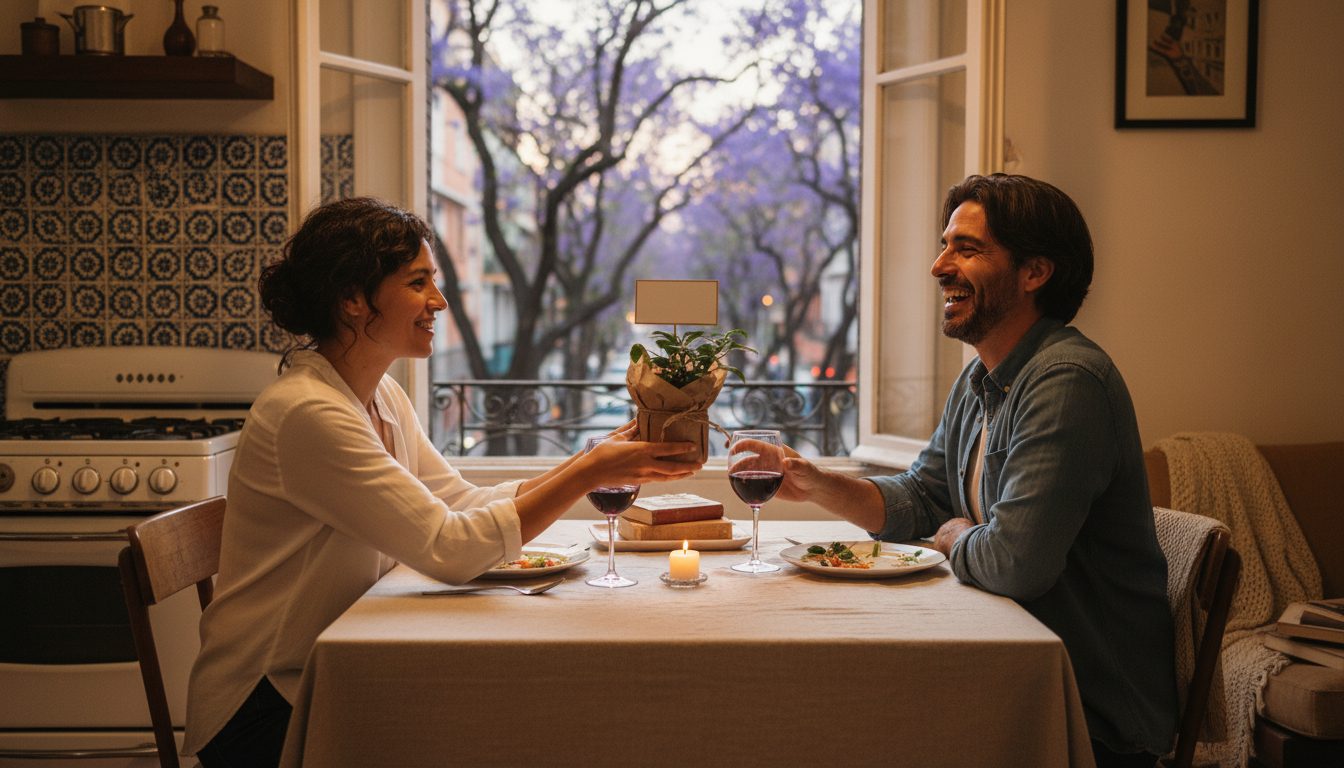 Pareja mexicana en su comedor entregándose un regalo pequeño y no convencional en la noche de su aniversario