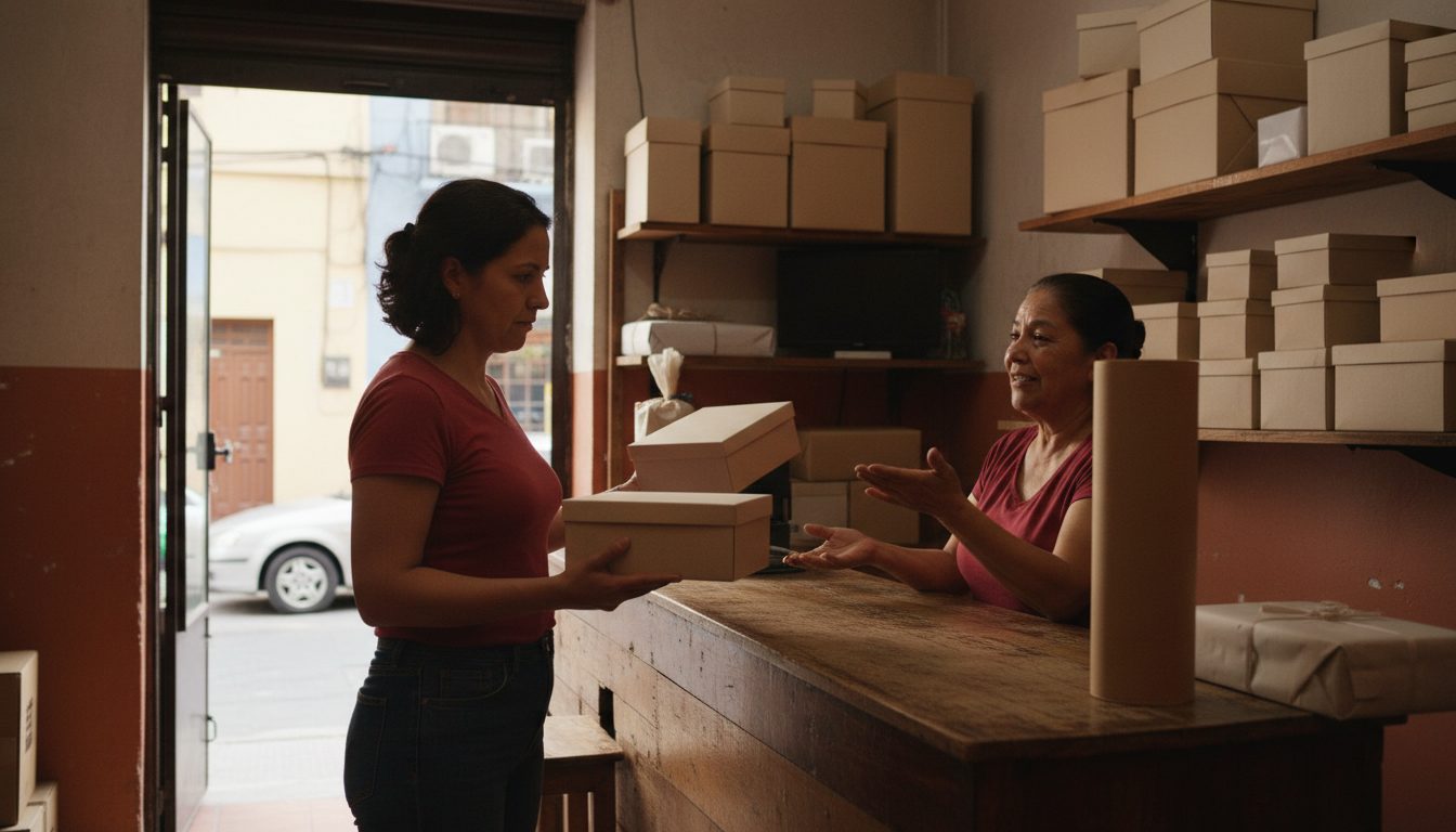 Mujer de unos treinta años en una tienda de regalos sosteniendo dos cajas distintas, una en cada mano, dudando cuál llevar mientras el vendedor le explica algo detrás del mostrador