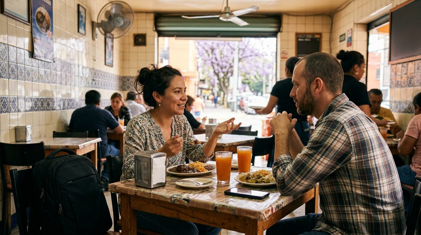 Pareja en su hora de comida en una fonda de Ciudad de México, ella hablando con el tenedor en el aire y él con el teléfono boca abajo, escuchando